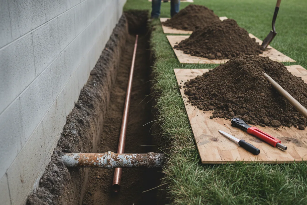 Excavated water line trench during Water Softener Installation in Camp Pendleton
